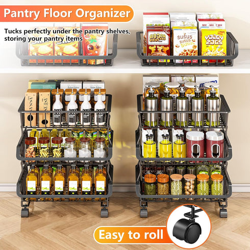 3-Tier (1 Pack) Gsiekare Rolling Pantry Organizer and Storage Cart with Wheels Stackable Wire Snack Cart for Kitchen