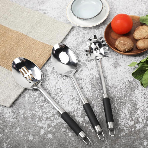 3-Piece Stainless Steel Serving Spoons Set with Slotted Spoon, Serving Spoon, and Spaghetti Spoon