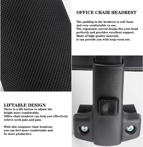 Black Mesh Office Chair Headrest Attachment, Adjustable Height Angle Head Support Cushion for Ergonomic Office Chair