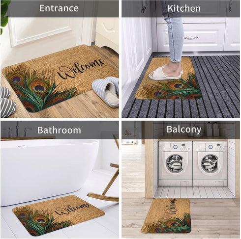 Welcome Peacock Feather Doormat - Nature Welcome Rug, Non-Slip Mat for Front Door Outdoor Entry, Housewarming Gift,