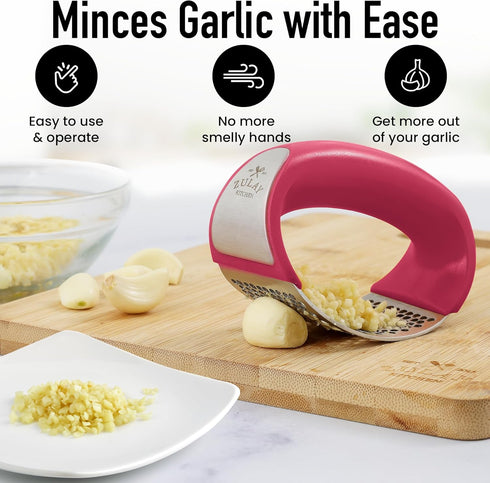 Zulay Kitchen Stainless Steel Garlic Press Rocker Set, Premium Garlic Mincer with Peeler and Scraper, Comfortable Grip
