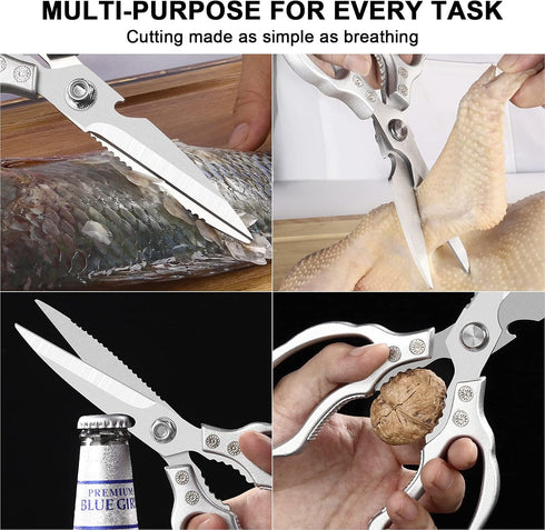 CGBE Heavy Duty Kitchen Scissors, Multi-Purpose Food Shears for Chicken, Fish, Meat & Herbs, Dishwasher Safe - Silver