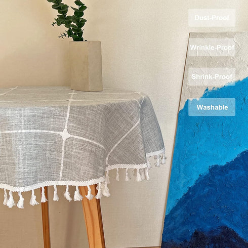 36 Inch Round Lattice Small Tablecloth Cotton Linen Grey Dust-Proof Washable Boho Embroidery Table Cover Rustic Table
