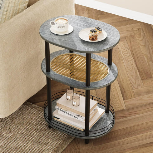 3 Tier Round Side Table with Storage, Oval End Table with Rattan