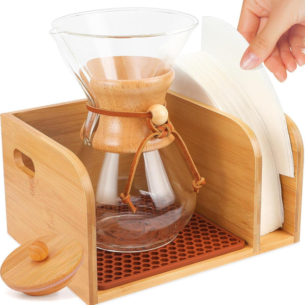 Bamboo Caddy with Lid & Heatproof Trivets for Chemex Coffee Makers, Designed for Pour-Over Glass Coffeemaker