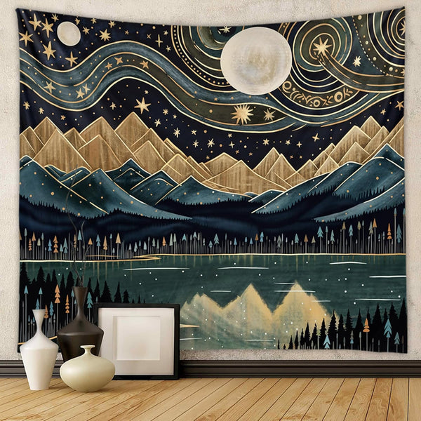 Tapzen Mountain Forest Tapestry, Boho Landscape Moon Stars Wall Hanging for Bedroom, 90 x 60 inches Aesthetic Nature