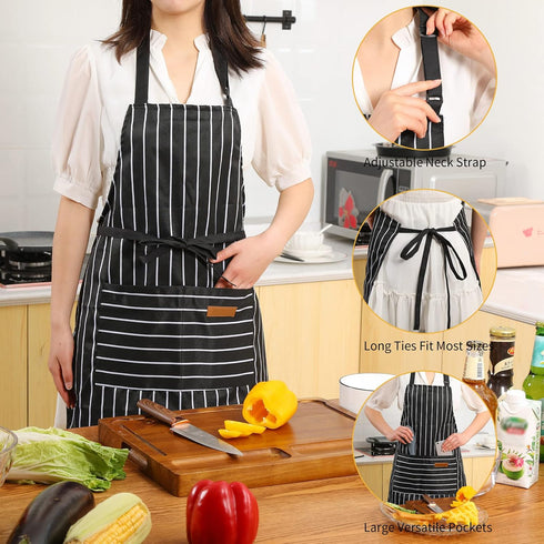 Tosewever 2 Pieces Kitchen Cooking Aprons, Adjustable Bib Aprons with 2 Pockets for Women Men, Black/Brown