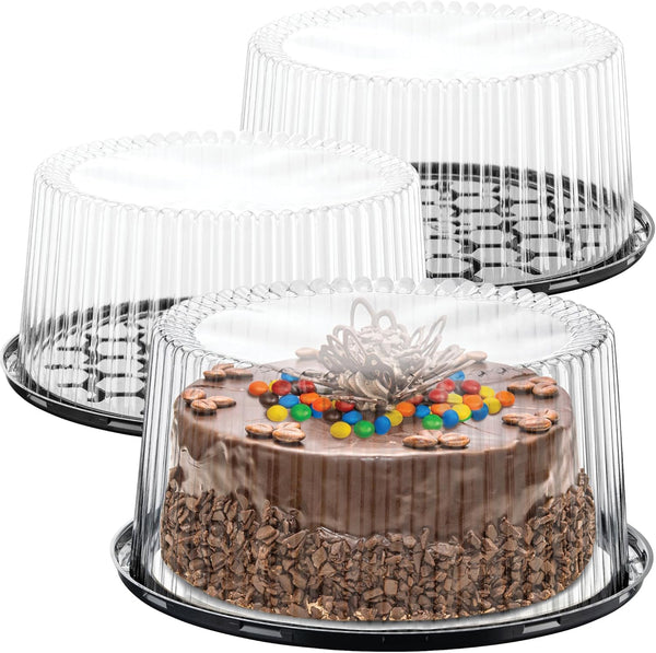 9" Plastic Disposable Cake Containers with Dome Lids and Cake Boards - 3 Round Carriers for Transport