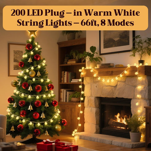 PJT 200 66FT 8 Cozy String Lights for Bedroom, LED Globe Plug in Fairy Lights, Connectable Warm White Twinkle Lights