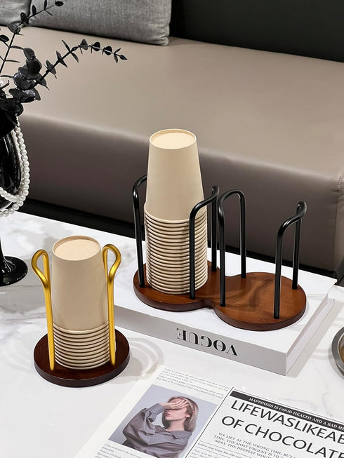 8oz, 3.35in Wood Bathroom Cup Holder Stylish Walnut Disposable Cup Dispenser, Plastic Mouthwash Cup Storage Organizer