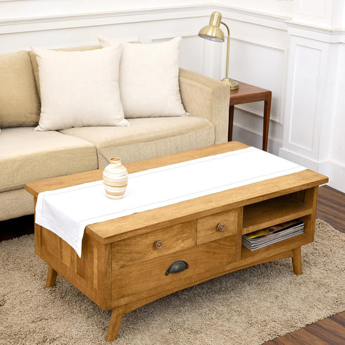 Solino Home Linen White Table Runner 48 Inches - Classic Hemstitch, 100%