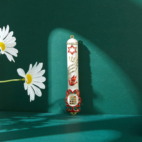 Matashi Hand Painted 5.7" Red and White Dove Mezuzah with Gold Accents and Star of David for Home Decor Gift