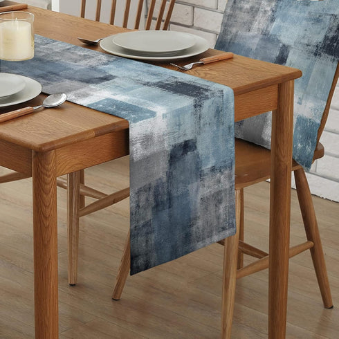 Dusty Blue Table Runner, 72 Inches Long, Grey Abstract Art for Farmhouse Kitchen Dining Table Decor