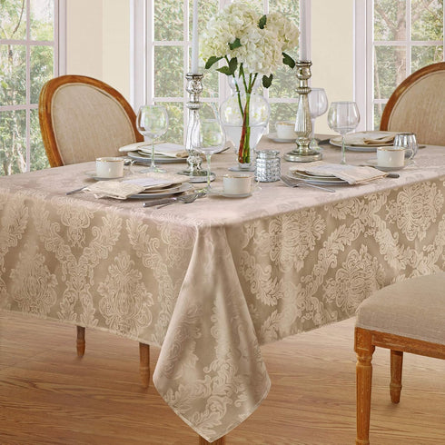Newbridge Barcelona Luxury Tablecloth, 52” x 70” Rectangle, Golden Beige Damask Fabric, 100% Polyester, No Iron, Soil