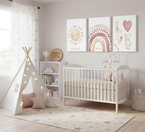 3 Pcs Nursery Canvas Wall Art Pink Sun Rainbow Hearts Posters Prints Boho Kids Room Pictures Wall Decor for Toddlers