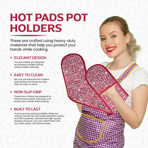 Christmas Red Holiday Double Oven Mitts Gloves | Extra Long & Thick, Heat Resistant | Quilted 1 Piece Oven Gloves |