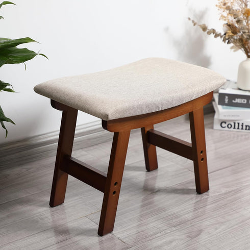 Compact Bamboo Ottoman with Beige Cushion and Brown Legs - Ideal Foot Rest