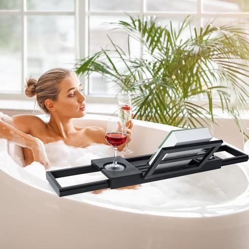 Utoplike Bamboo Bathtub Tray, Adjustable Bath Caddy Table for Tub, Bathroom Organizer with Book, Tablet, Wine Glass
