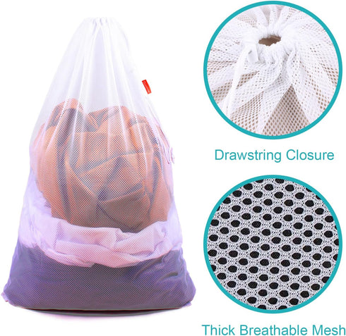 Heavy Duty Mesh Laundry Bag with Drawstring, 24 x 36 Inches, 2 Pack, Black & White for College, Dorm, Travel, Apartment