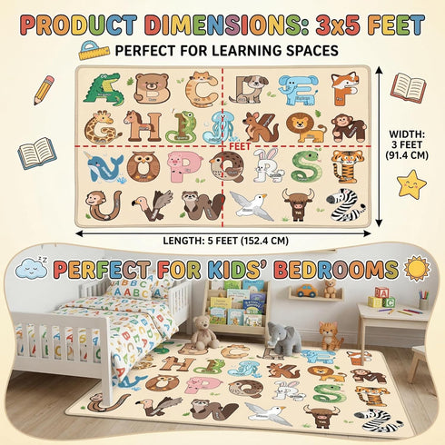 3x5 Kids Rugs for Playroom - Feet ABC Alphabet Rug for Kids Room Educaitonal Learning Animal, Preschool Rug