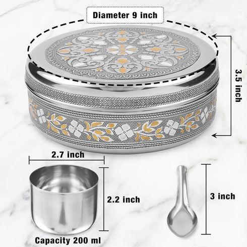 7 7 7 (9 Inch) KSJONE Designer Spice Box, Spice Jars, Holds Spices, Steel Spice Container with Spoons, Storage