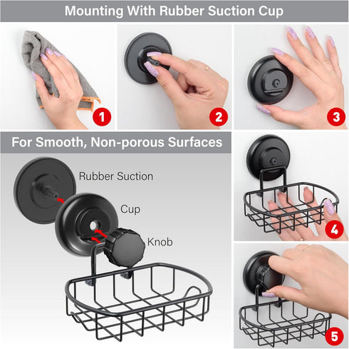 Suction Soap Dish with Hooks - Rustproof Stainless Steel SS304 Shower Soap Holder - Powerful Vacuum Suction Cup Sponge