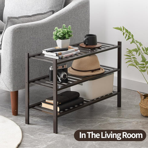 Furshus 3-Tier Closet, Shoe Rack, Bamboo Stackable Shoe Shelf Storage Organizer, Shoe Stand for Entryway and Hallway