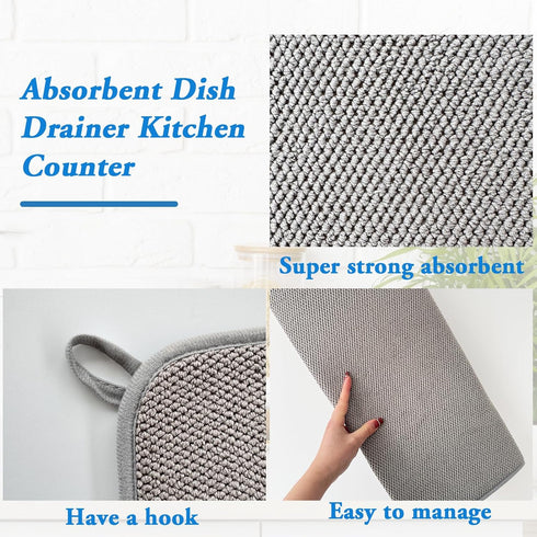 2 Pack Large 24x17 Inch Dish Drying Mats, Absorbent Microfiber Drainer Pads for Countertops and Sinks (Gray)