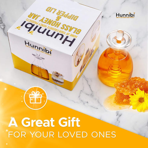 Hunnibi Handmade Honey Jar with Dipper, Glass Made Honey Dipper and Honey Pot - Honey Dispenser
