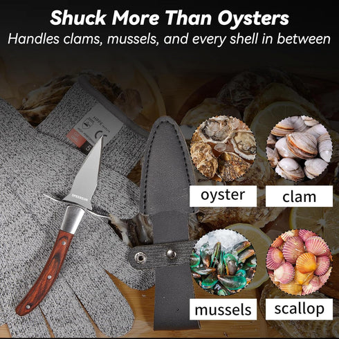 Oyster Knife Shucking Kit, Comfort Wood-handle Oyster Shucking Knife, Sturdy Sharpness with Cut-resistant Glove (M)