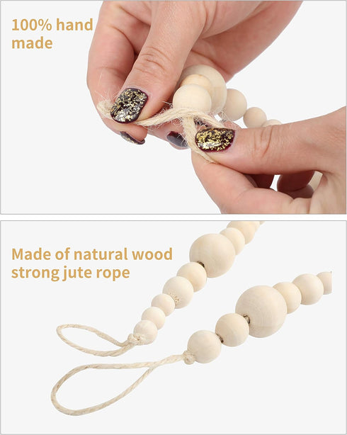 Wood Bead Garland Without Tassels - 84 Inch Natural Wooden Beads, 7 Feet Handmade Boho Decor for Coffee Table