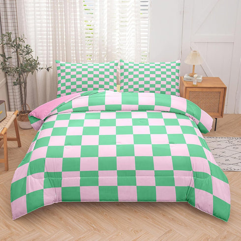 Sets 1 Tailor Shop Green Pink Plaid Comforter Twin Women Men Green Checkerboard Grid Bedding Boys Girls Modern Grass
