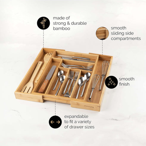 Masirs Expandable Bamboo Kitchen Drawer Organizer - Durable Construction, Ideal for Silverware, Utensils, and Office