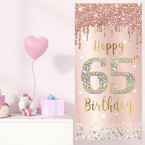 65th Birthday Decorations Door Banner for Women, Pink Rose Gold Happy 65 Birthday Backdrop Party Supplies