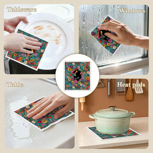 6 Pack, Mixed Black Cat Swedish Kitchen Dishcloths Dish Towels Cats Dish Towels for Kitchen, Swedish Dishcloth