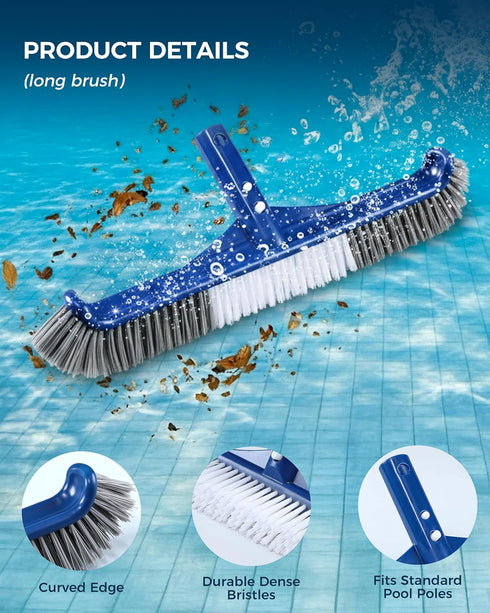 Snuvid 3-in-1 Set 17.5" Set Full-Coverage Pool Brush Head - Includes Long Brush, Rotatable Handheld/Extension Pole