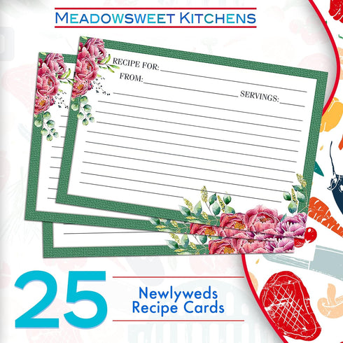 Meadowsweet Kitchens Recipe Card Set - 25 Recipe Cards 4 x 6 Inch, Perfect Size for a Recipe Card Box for Wedding, Bridal Shower Recipe Cards, Make Your Own Recipe Book, Green & Peonies