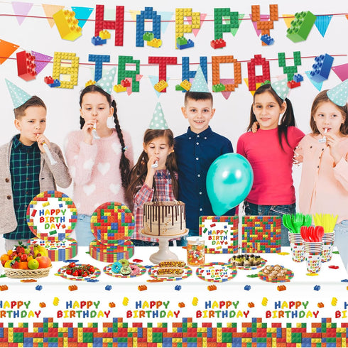 177 25 LINHAXM Pcs Building Block Birthday Party Supplies, Colorful Plates, Napkins, Cups, Tablecloth, Banner for Boys