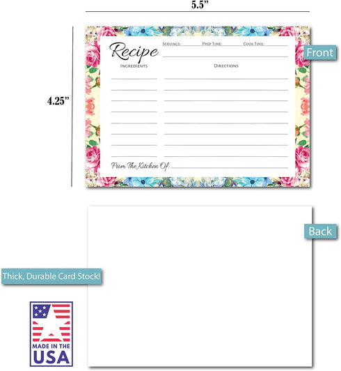 Recipe Box with Cards: 50 Count Floral Recipe Cards, Metal Recipe Box, 4x6 Recipe Cards