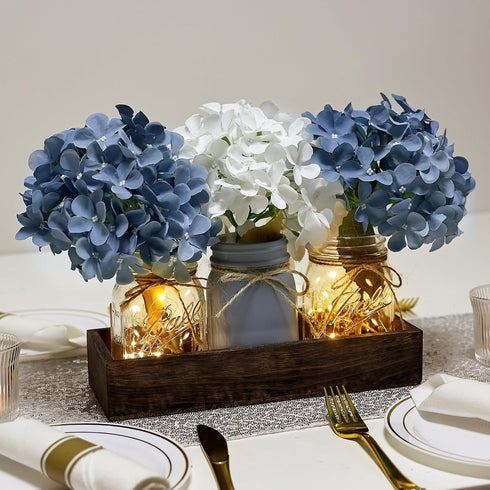 Mason Jar Centerpiece Table Decor for Dining Room Farmhouse Coffee Table Decor with Wood Tray Fairy Lights Fake Flowers