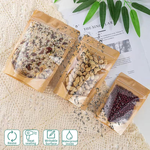 100 PCS Stand Up Pouches, 4 x 6 inch Kraft Paper Food Bags with Clear Window, Reusable Ziplock Storage Bags for Foods