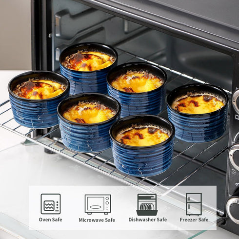Ceramic 4 oz Ramekins, Tikooere Small Souffle Dishes Set of 6, Mini Baking Bowls for Dipping Sauce, Blue