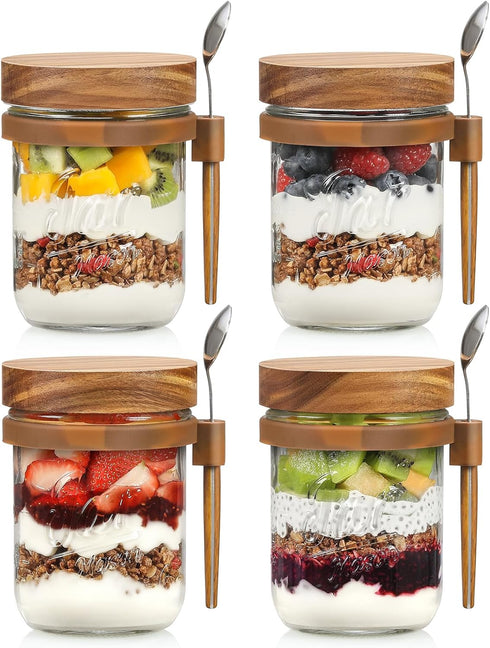 4 Pack Overnight Oats Containers with Wooden Lids and Spoons, 16oz Glass