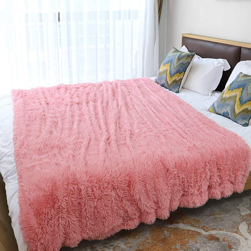 Tuddrom Extra Soft Faux Fur Blanket Queen Size 80" x 90", Solid Reversible Fuzzy Long Hair Shaggy Blanket, Pink