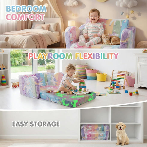 2-in-1 Kids Couch Sofa Toddler Couch Unicorn Glow in the Dark Foldable Kids Sofa Bed Flip Open Toddler Sofa Chair