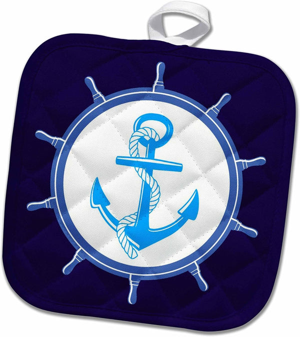 3D Rose Nautical Artwork Anchor D cor Pot Holder, White-Blue and Navy, 8 x 8