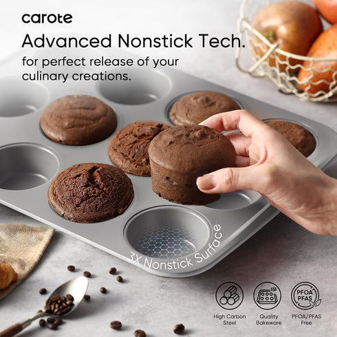 7-Piece Set Sets CAROTE Nonstick Stackable Baking Pans - Bakeware Including Cookie Sheets for Baking, Muffin Pan, Bread