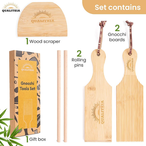 QUALITEIA Set 2x 2x 1x Set 4) Gnocchi Board for Rolling Dough - Paddles, Rollers & Cutter, Bamboo Pasta Shaper Tools
