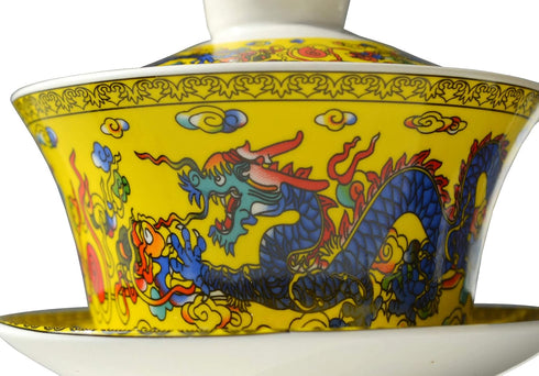 Gaiwan Teacup 7oz Chinese Dragon Sancai Cover Bowl Lip Saucer Set for Gongfu Tea (Yellow)