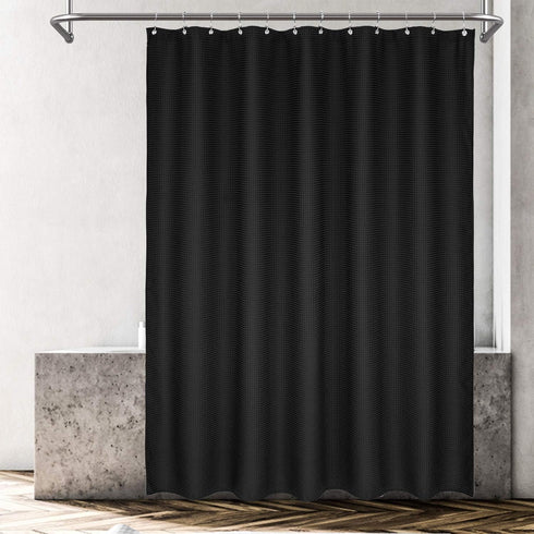Waffle Weave Shower Curtain, Black Heavyweight Fabric, Washable & Water Repellent, 71x72 Inch Hotel Luxury Spa